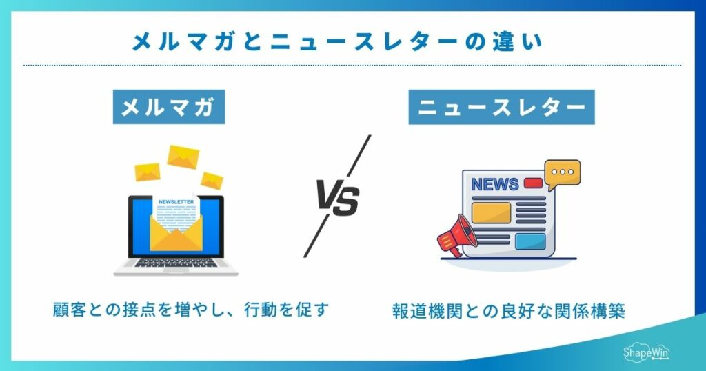 ニュースレターとは?ニュースリリース・メルマガとの違いや作り方を解説 メルマガとの違い_インフォグラフィック