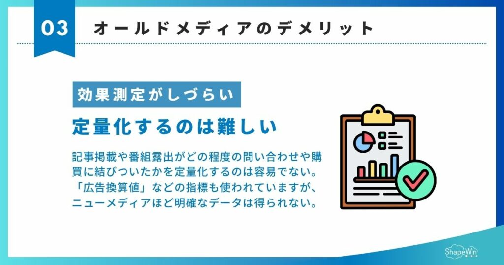 オールドメディアとは?ニューメディアとの違いと広報戦略への活かし方 オールドメディアのデメリット 効果測定がしづらい_インフォグラフィック
