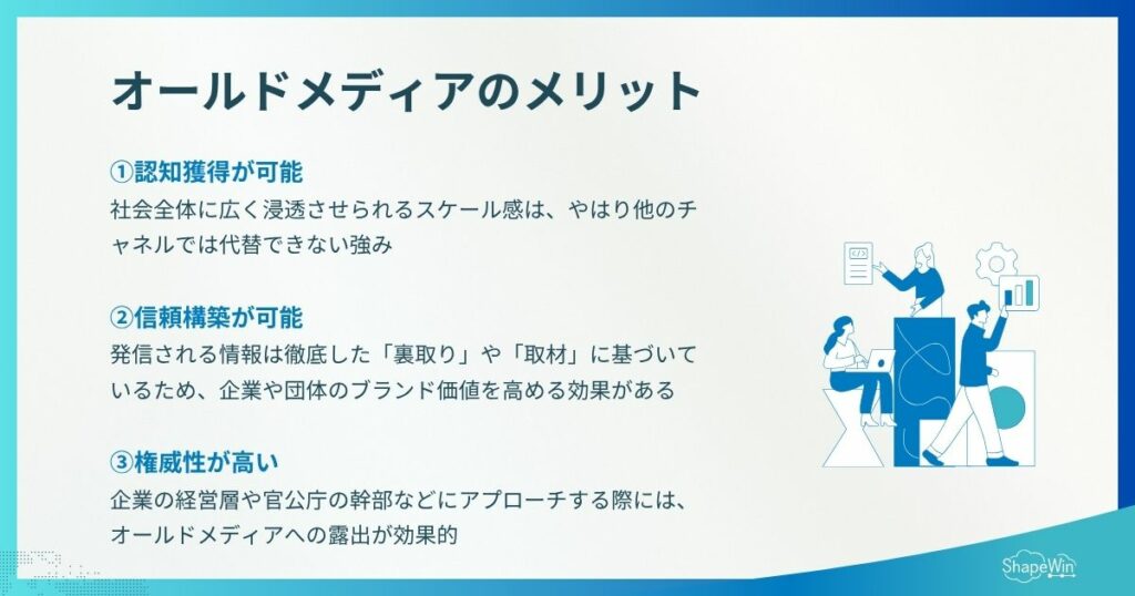 オールドメディアとは?ニューメディアとの違いと広報戦略への活かし方 広報におけるオールドメディアの3つのメリット_インフォグラフィック