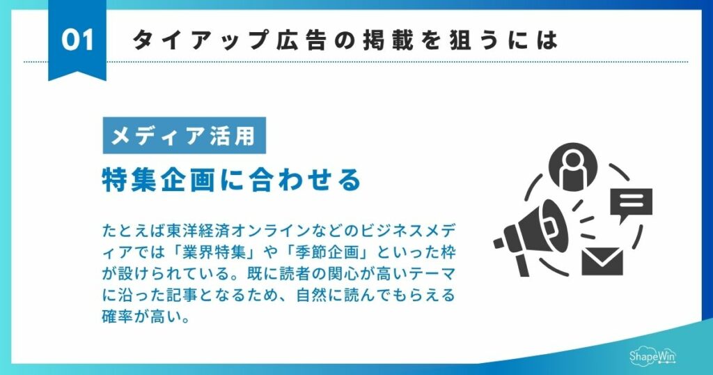 タイアップとは?広告・コラボとの違いやPR効果を徹底解説 ①メディアの特集企画に合わせる_インフォグラフィック