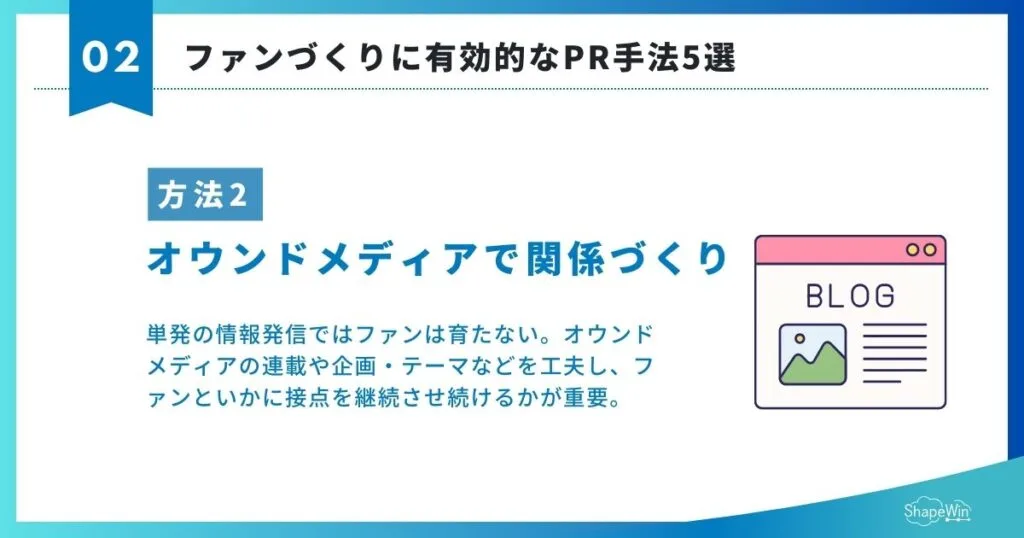 ファンづくりに有効的なPR手法5選　②オウンドメディアでの継続的な関係性づくり＿インフォグラフィック