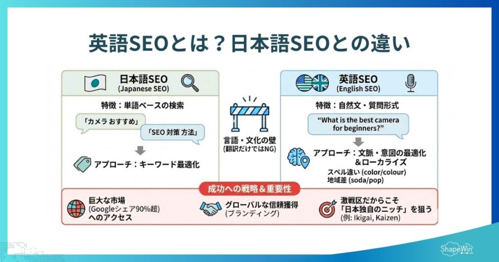 英語のSEO対策とは?日本語SEOとの違いと、グローバル展開で成果を出すための実践戦略 英語SEOとは?日本語SEOとの違い_インフォグラフィック